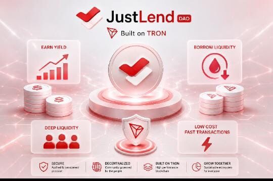 A promotional graphic for JustLend DAO built on Tron, highlighting features like earn yield, borrow liquidity, deep liquidity, and low-cost fast transactions.
