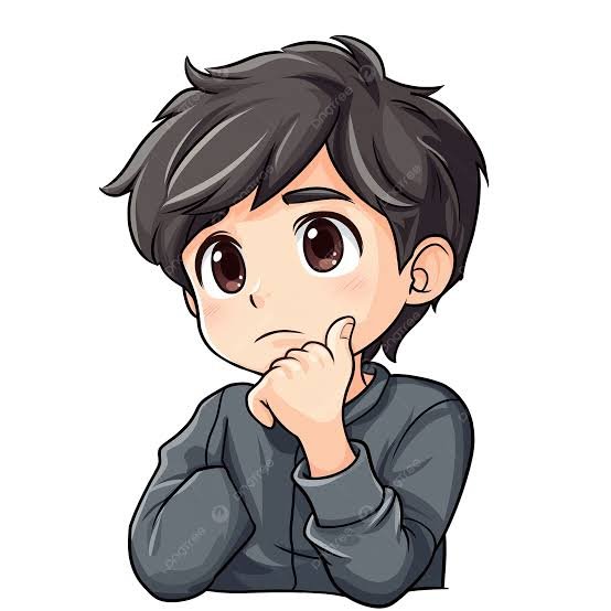 A chibi-style cartoon illustration of a young boy with messy dark hair, wearing a gray sweater, posing thoughtfully with his hand on his chin.