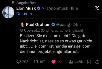 An X (Twitter) post by Elon Musk (@elonmusk) quote-tweeting Paul Graham (@paulg) about the domain name Dot.com.