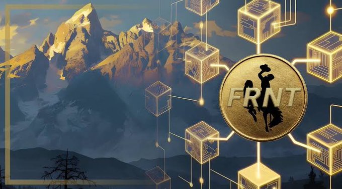 A digital graphic features a gold 'FRNT' coin with a cowboy silhouette on a bucking horse, set against a mountain landscape with floating glowing circuit-board cubes connected by lines.