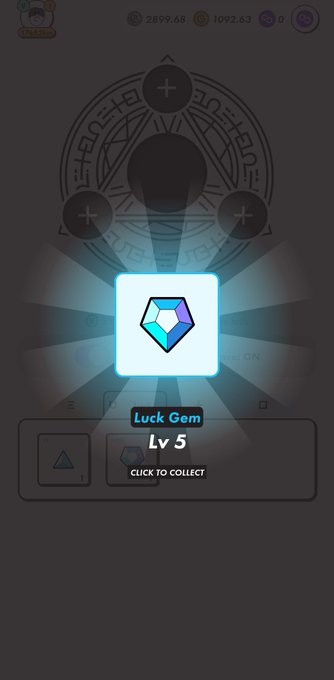 A mobile game screenshot showing a glowing 'Luck Gem Lv 5' item ready to collect, with currency counters at the top.