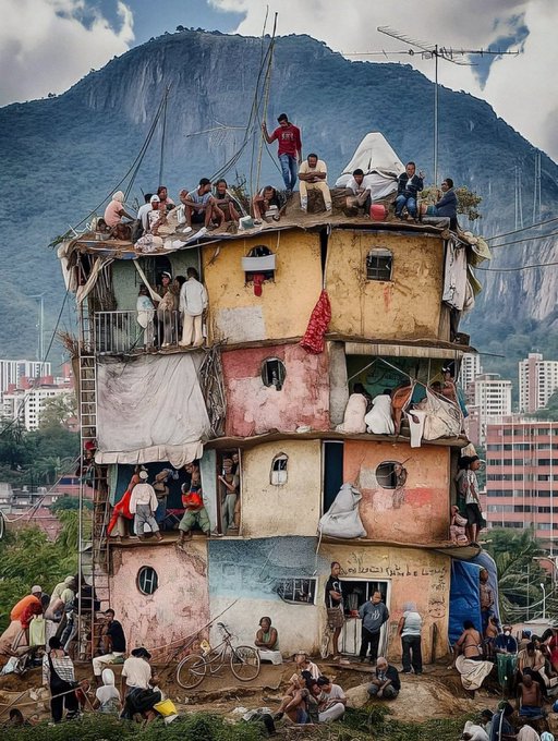 A highly detailed surreal artwork or composite image shows a multi-story makeshift dwelling with many people living on various levels, set against a backdrop of a steep mountain and a cityscape.
