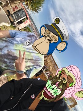 The image features a man wearing a monkey mask, which has been digitally altered into a cartoon character with a hat and a captain's hat. The man also wears a tie-dye shirt and a black jacket. In the background, there is an outdoor scene of a beach or a park, adding to the overall atmosphere of the image. The caption of the post reads "NFC Lisbon was a blast! So good to see how many ppl still collect, care & truly love NFTs & PFPs!"
