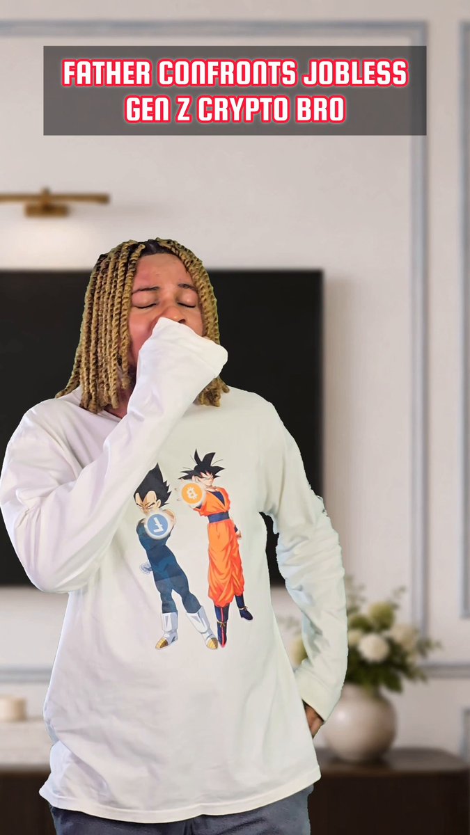 The image features a woman wearing a white long sleeve shirt with a cartoon character design, who appears to be making a funny face while covering her nose. The caption of the image reads "Father conflicts jobless GEN Z crypto bro".