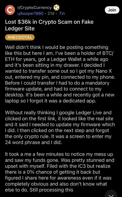 A Reddit post from r/CryptoCurrency by u/kooper1990 titled 'Lost $36k in Crypto Scam on Fake Ledger Site', tagged ANECDOTAL, describing how the user fell for a phishing scam by entering their 24-word seed phrase.