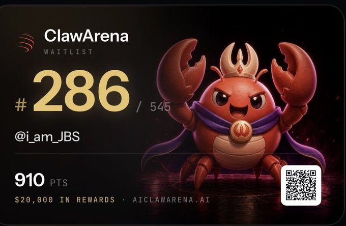 A 'ClawArena' waitlist card shows the username @Iam_JBS ranked #286 out of 545, featuring a cartoon crab mascot and a QR code.