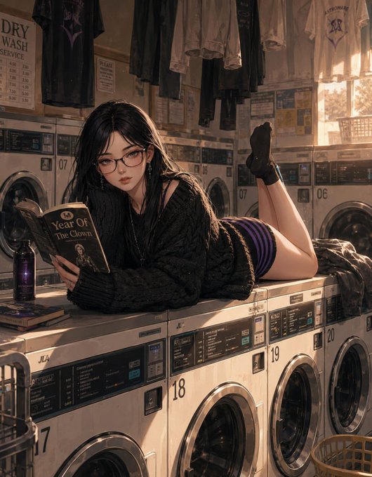 An anime-style illustration of a young woman with glasses lying on a washing machine in a laundromat, reading a book titled 'Year Of The Clown.'
