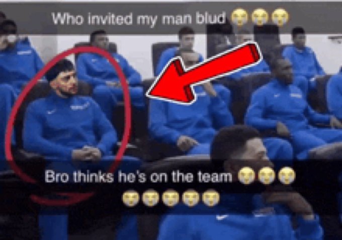 A meme image showing a group of soccer players in blue tracksuits seated together, with a red circle and arrow highlighting one player; the text reads 'Who invited my man blud' and 'Bro thinks he's on the team' with crying emojis.