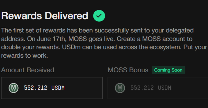 A screenshot of a reward page showing a "First set of rewards has been successfully sent to your delegated address" message, with a green badge saying "received", an email from the person who sent them stating that they have received $500, and another email inviting the recipient to "MEGA terminal campaign from my 12k pts I can't lie, this feels meh - expected more".