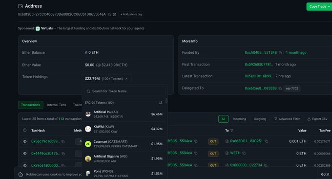 A dark-themed Ethereum blockchain explorer page showing an address's overview, including an Ether Balance of 0 ETH and a token holdings value of $22.79M, with a transaction history dropdown listing tokens like Artificial Inu, KAWAI, and Catsmart.