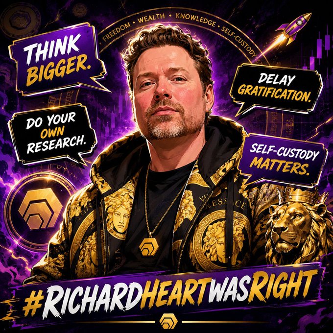 A promotional graphic featuring Elon Musk surrounded by speech bubbles reading 'THINK BIGGER.', 'DO YOUR OWN RESEARCH.', 'DELAY GRATIFICATION.', and 'SELF-CUSTODY MATTERS.', with text 'FREEDOM • WEALTH • KNOWLEDGE • SELF-CUSTODY' above and '#RICHARDHEARTWASRIGHT' at the bottom.