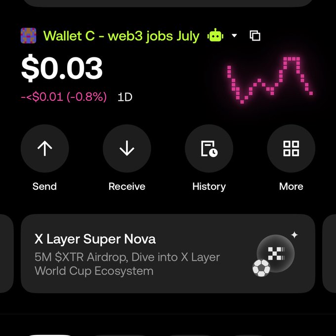 A cryptocurrency wallet app screenshot labeled 'Wallet C - web3 jobs July' showing a balance of $0.03 (down 0.8% over 1D) with Send, Receive, History, and More buttons, and an 'X Layer Super Nova' promotion for a 5M $XTR Airdrop.