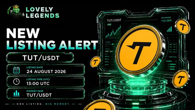 A "New Listing Alert" promotional graphic from Lovely Legends announcing the upcoming TUT/USDT trading pair listing, with the date set for 24 August 2026 at 13:00 UTC, featuring a glowing green and gold design with the TUT token prominently displayed.