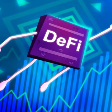 A 3D purple "DeFi" chip sits on a circuit-style background with upward-trending bar charts, visually symbolizing the upgraded Pi DeFi gateway teased by Onramp Money ahead of the v27 Mainnet launch.