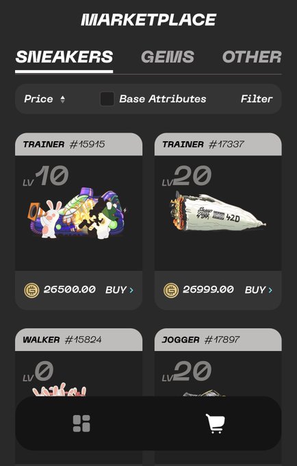 The image shows a digital marketplace interface with the "SNEAKERS" tab selected, displaying various NFTs (TRAINER #15945, TRAINER #17337, WALKER #15824, JOGGER #17897) listed with high prices like 26,500.00 and 26,999.00. The steep prices on these sneaker NFTs visually support the post's claim about the brutal price increase in the STEPNGO marketplace.
