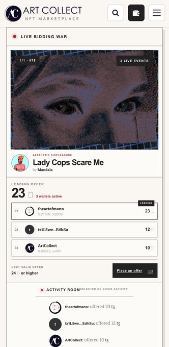 A screenshot of the ART COLLECT NFT Marketplace showing a 'Live Bidding War' for an artwork titled 'Lady Cops Scare Me' with a leading offer of 23 tℏ.