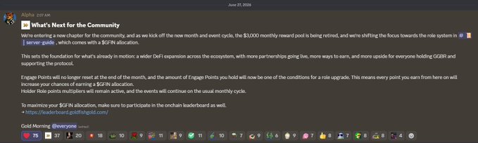 A Discord announcement from the "Alpha" channel dated June 20, 2026 titled "What's Next for the Community" outlines that the $3,000 monthly reward pool is being retired in favor of a role-based system tied to $GFIN allocation, with Engage and Holder Role Points influencing role upgrades.
