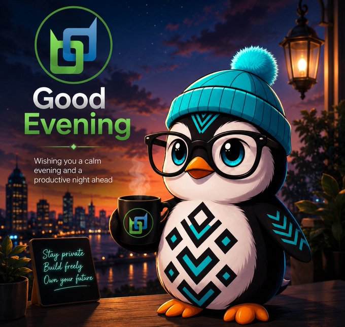A "Good Evening" greeting graphic featuring a cute cartoon penguin wearing a blue beanie with a pom-pom and glasses, holding a mug. The text "Wishing you a calm evening and a productive night ahead" appears next to a cityscape at sunset, with a chalkboard reading "Stay private, Build freely, Own your future".