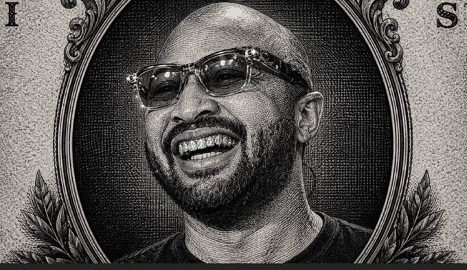 Stylized black-and-white portrait of a smiling bald man with glasses, designed like currency engraving with decorative laurel wreaths.