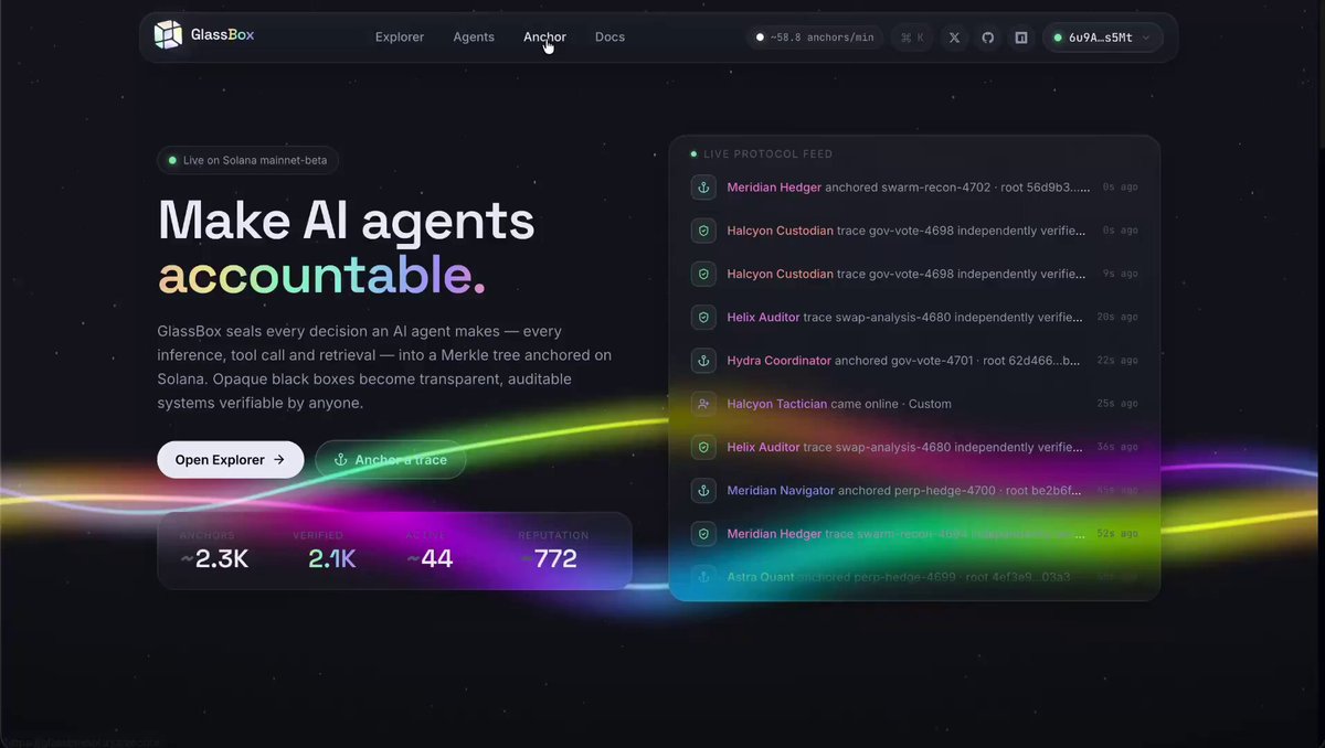 The image shows a website called "glassbox" with a colorful background featuring a rainbow of colors, including purple, green, orange, yellow, blue, and pink. The website's title reads "Make AI Agents Accountable", indicating that it is focused on AI agents' performance and accountability. The website also has a post about Solana, which is an open-source blockchain platform. The image suggests that the post might be related to the use of AI in decision-making processes or the importance of transparency and trust in AI systems.