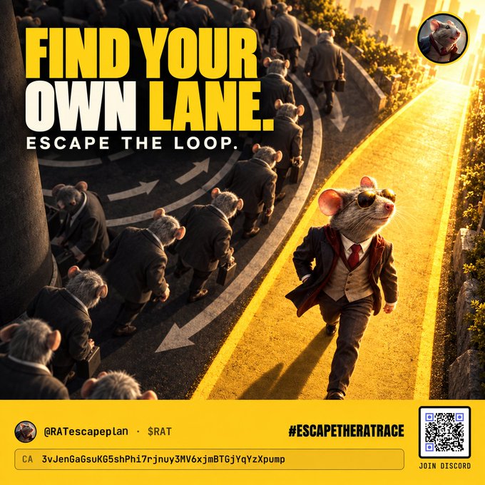 Promotional poster reading 'FIND YOUR OWN LANE. ESCAPE THE LOOP.' featuring an illustrated rat walking forward while other rats follow in a loop, with handles '@RATescapelan' and '#ESCAPETHERATRACE', a contract address, and a QR code.