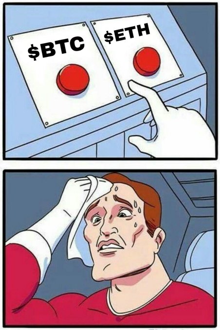 A two-panel cartoon shows a hand hovering anxiously between two red buttons labeled "$BTC" and "$ETH," followed by a sweating man wiping his brow, capturing the stress of choosing between $60,000 of Bitcoin or Ethereum.