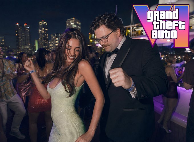A promotional image for "Grand Theft Auto VI" features a man in a tuxedo and bowtie dancing with a woman in a sparkly dress at a glamorous nighttime party with a city skyline in the background. The "Grand Theft Auto VI" logo is prominently displayed in the top right corner, with the post referencing this scene as an apparent nod to Michael Saylor's famous "$100K Party."