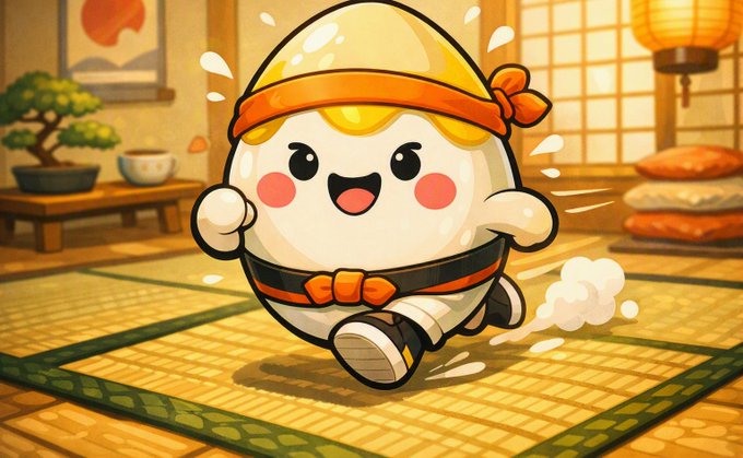 A cute cartoon egg character wearing an orange headband and black belt runs energetically through a Japanese-style tatami room.