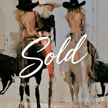 An abstract painting showing two cowgirl figures on horseback is overlaid with the word 'Sold' in white script.