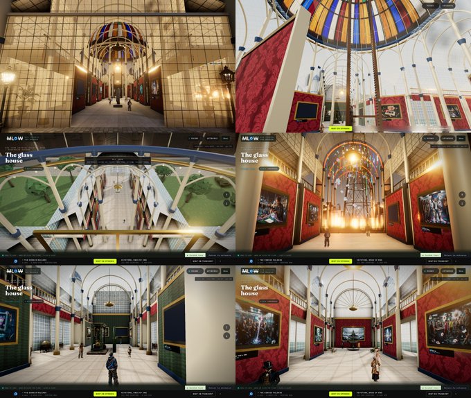 A collage of six screenshots from 'The Glass House' section of 'M.LOW' shows virtual architectural renderings of a grand, ornate interior featuring stained-glass domes, red walls, towering archways, and classical paintings.