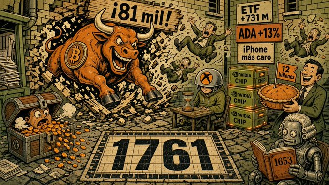 A chaotic cartoon illustration depicting a Bitcoin-themed bull charging through a brick wall, with text including '181 mil!', 'ETF +731M', 'ADA +13%', and '1761' on a floor tile.