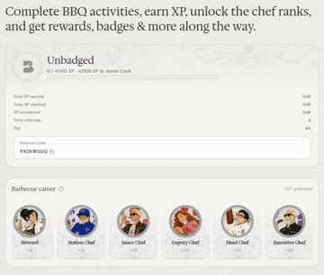 A screenshot showing a BBQ-themed rewards program with the text 'Complete BBQ activities, earn XP, unlock the chef ranks, and get rewards, badges & more along the way,' displaying an 'Unbadged' rank and a 'Barbecue career' progression.