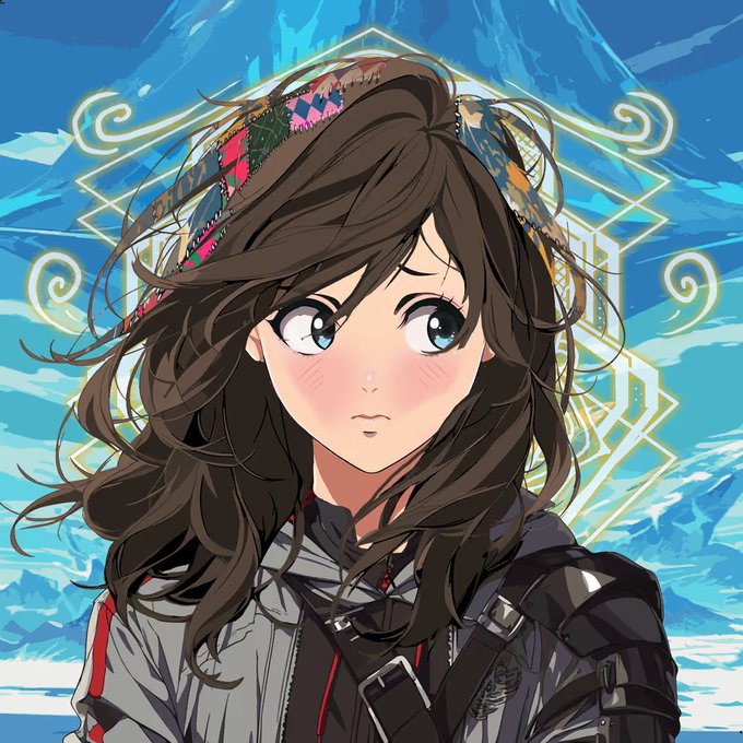 This is a digital illustration of an anime-style girl with long brown hair and blue eyes, wearing a colorful patterned headscarf and black tactical gear, set against a backdrop of blue mountains and glowing white geometric lines.