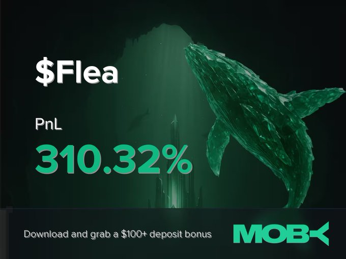 A promotional graphic from Moby Mobile displays a striking green whale tail against a dark underwater backdrop, highlighting a "$Flea" trade win with a PnL of 310.32% and offering a $100+ deposit bonus. The image visually celebrates the trader's substantial 310.32% profit on $Flea, aligning with the post's message about the token's surge from $128.9K to $749.16K market cap.