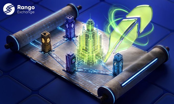 A promotional image for Rango Exchange showing a 3D-rendered scroll with a futuristic cityscape, blockchain towers, and a glowing green arrow symbol on a blue background.