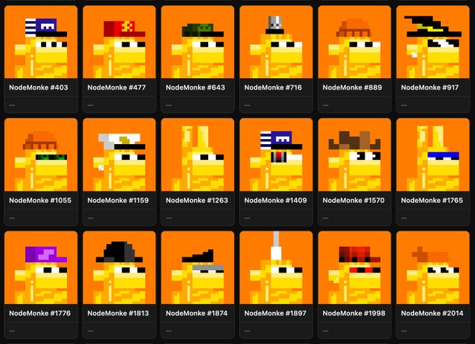 A grid of 18 pixel-art character portraits labeled 'NodeMonke,' each with a unique accessory like a hat, glasses, or pipe, set against bright orange backgrounds.