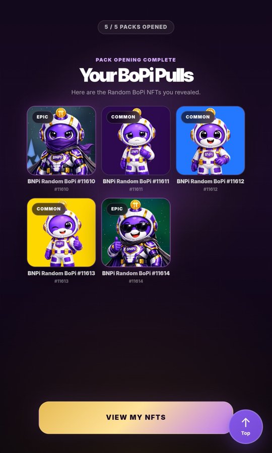A mobile app screen titled 'Your BoPi Pulls' showing a completed pack opening revealing five 'BNPi Random BoPi' NFTs (#11610-11614) labeled as either Epic or Common.