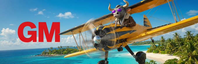 An anthropomorphic bull wearing sunglasses pilots a yellow and black striped biplane over a tropical beach, with a large red 'GM' logo on the left.