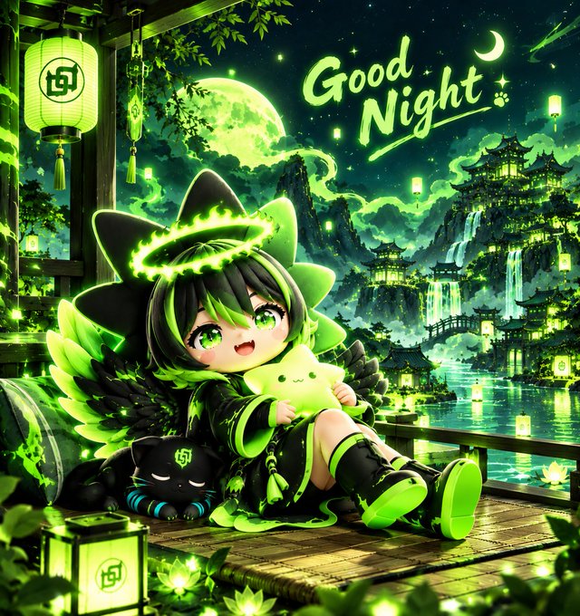 A cute anime character with green hair and a halo cuddles a star plushie alongside a black cat in a moonlit fantasy landscape, with "Good Night" displayed in the sky. The serene nighttime scene and privacy-focused Beldex branding reinforce the post's message about winding down while highlighting Beldex's secure, decentralized ecosystem represented by the $BDX token.