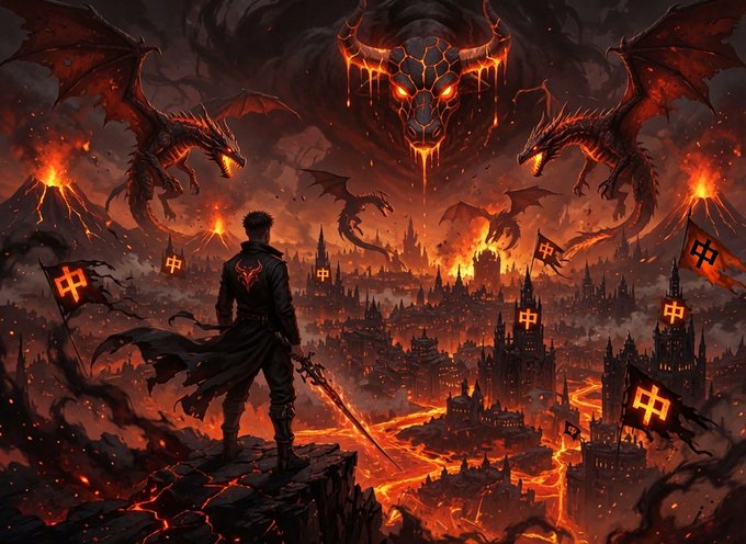 A lone warrior with a sword stands atop a cliff overlooking a fiery cityscape swarmed by dragons and a demonic visage looming in the sky. The crimson "中" symbols on the flags hint at the bullish conviction referenced in the post about $ANSEM, framing the scene as a "BULLiever" standing defiantly against bearish chaos.
