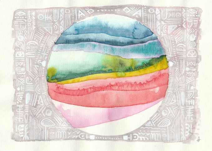 A watercolor painting depicting a circular landscape with blue sky, green fields, yellow stripe, and pink/red ground, surrounded by a border of small white symbolic patterns.