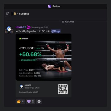 A Discord message from user "HIMARS" dated 23 July 2026 shows a successful 30-minute call play on the ticker **JTOSDT**, which printed a **+50.68% gain (+$159.66/USDT)** with an entry price of $68217, avg closing of $154481, and TP duration of 94M 44S. The screenshot, shared alongside a caption bragging about a clean $JTO long call made while Bitcoin chopped around $65,000 and $190M in longs were liquidated, highlights the profitable trade proof and includes a referral code (KOD8) with a QR code.
