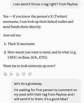 A chat exchange where a Paybox chatbot explains it can send crypto to an X (Twitter) tag, followed by a user suggesting a giveaway.