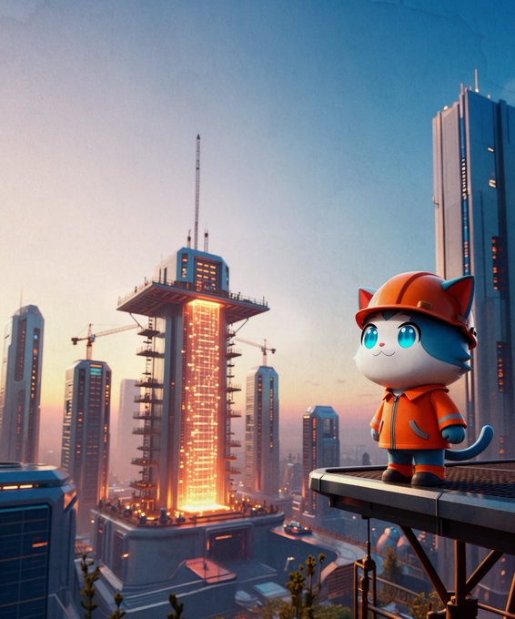 A cartoon cat wearing an orange construction helmet and safety vest stands on a steel beam, overlooking a futuristic cityscape with a towering skyscraper glowing at sunset. The image visually represents the post's message of perseverance and continued effort during the "accumulation phase" of building toward long-term goals.