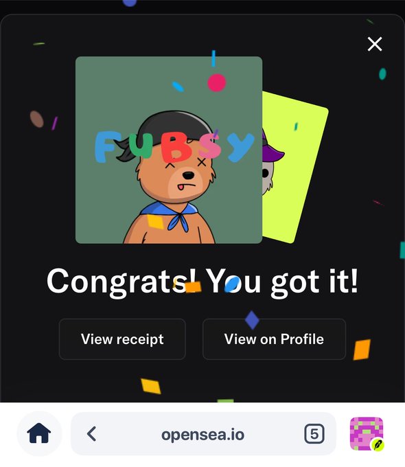 An OpenSea success notification on opensea.io showing a 'Congrats! You got it!' message with a 'FUBSSY' NFT featuring a cartoon dog character.
