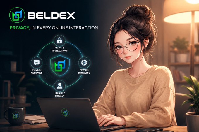 An advertisement for "BELDEX" featuring the text "PRIVACY, IN EVERY ONLINE INTERACTION" alongside icons for Private Transactions, Private Messages, Private Browsing, and Identity Privacy, next to an anime-style woman using a laptop.