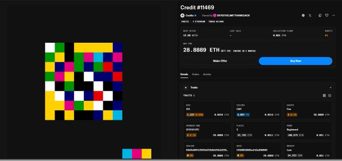 A dark-themed cryptocurrency NFT marketplace showing 'Credit #11469' for an artwork priced at 28.8889 ETH by user 'CRYPTEDUMMY4568', with bidding and activity details displayed.
