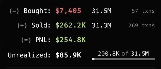 The image displays a trading portfolio summary showing $7,405 bought ($31.5M volume, 57 transactions), $262.2K sold ($31.3M volume, 269 transactions), resulting in a realized PNL of $254.8K, with $85.9K unrealized gains representing $200.8K of $31.5M in holdings. This portfolio summary serves as evidence supporting the post's claim of making approximately $250,000 in profits, which the user is celebrating alongside a $5,000 $ANSEM giveaway promotion on t.me/AlphaLabx.