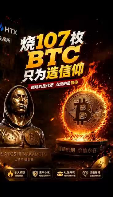 The image features a poster for Bitcoin, with a statue of a man wearing a hooded sweatshirt holding a golden coin that appears to be a Bitcoin. The background of the poster has a dark color, which contrasts with the bright gold of the Bitcoin coin. The text on the poster is in Chinese and includes phrases such as "107 BTC", "市场消失了", and "100万枚".