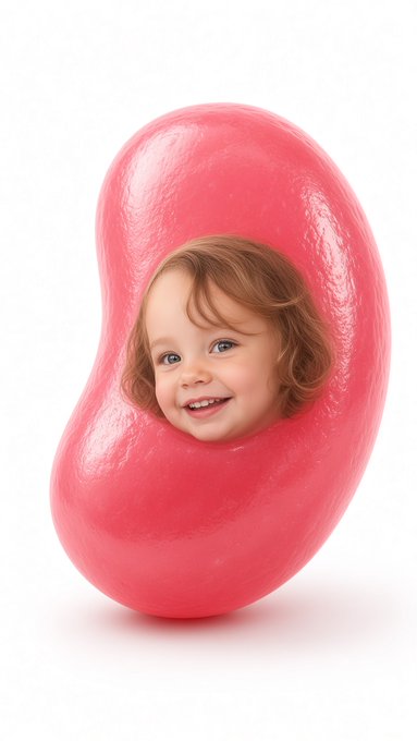 A smiling child's face appearing to emerge from inside a glossy pink jelly bean.
